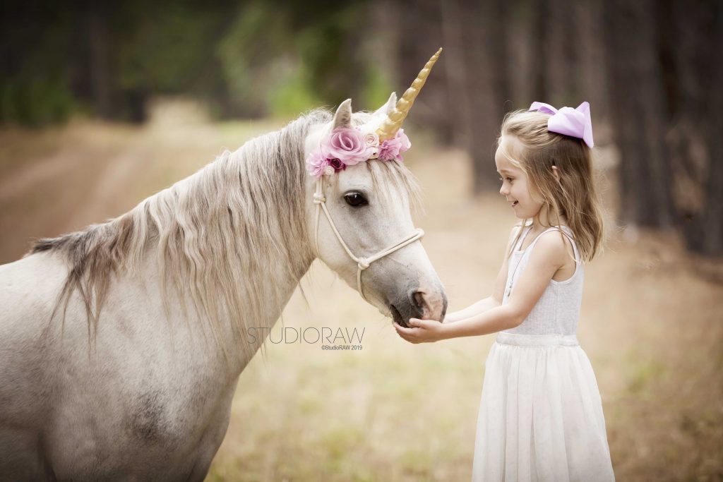pretty young girl in white dress gently holding the nose of a magical white unicorn in a field of golden grass